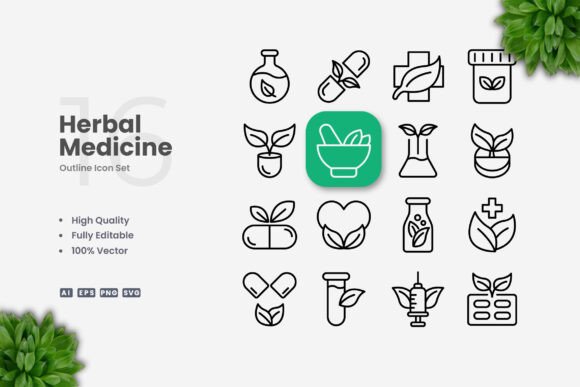 Herbal Medicine Icons: Clean Design for Modern Branding and Communication